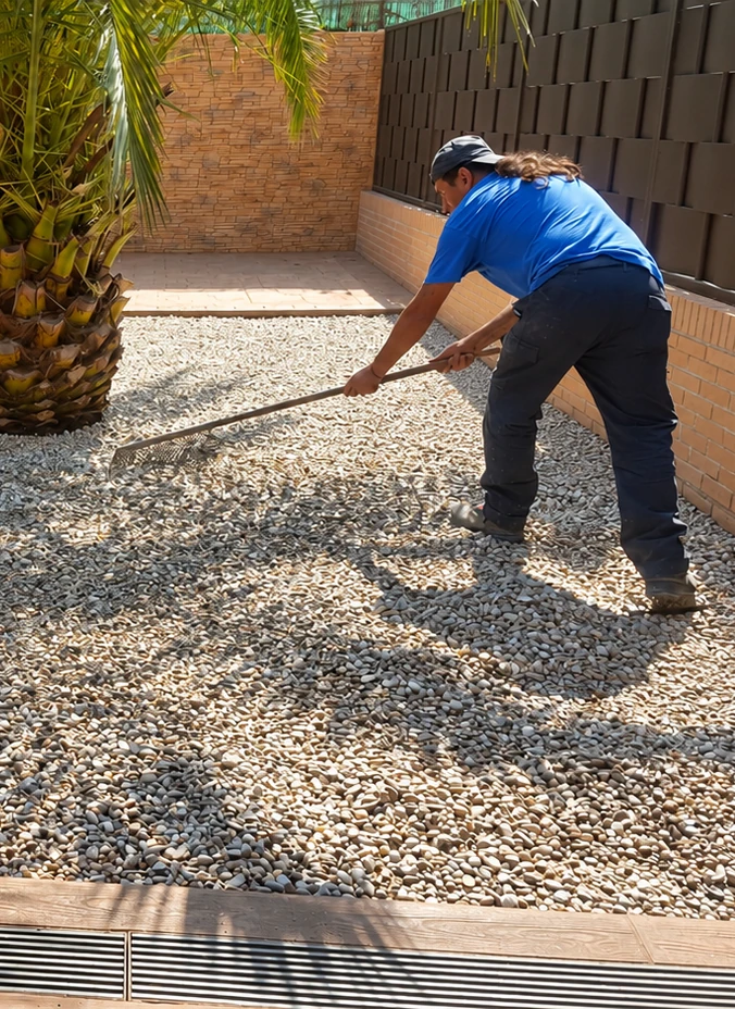 Instalador nivelando una base de grava con un rastrillo antes de colocar césped artificial