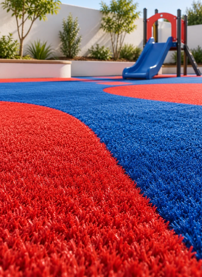 Zona de juegos infantiles con césped artificial rojo y azul