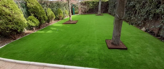 Bordillo delimitando un jardín con césped y vegetación