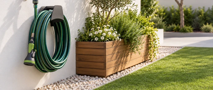 Ilustración de manguera recogida en una pared junto a una jardinera de madera