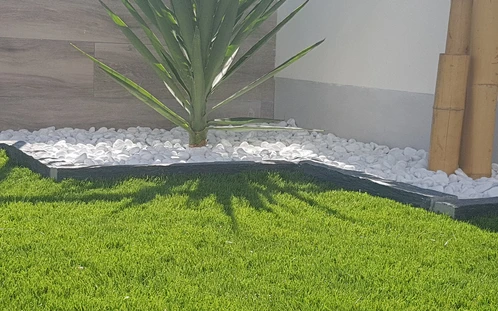 Remate de pizarra alrededor de una palmera con piedra decorativa