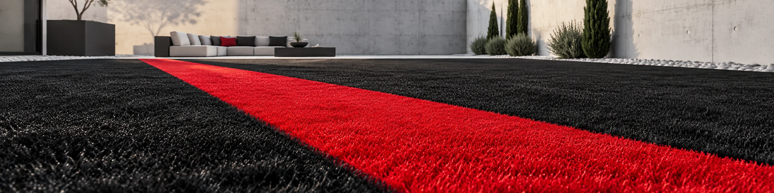 Franja de césped artificial rojo entre superficies de césped negro