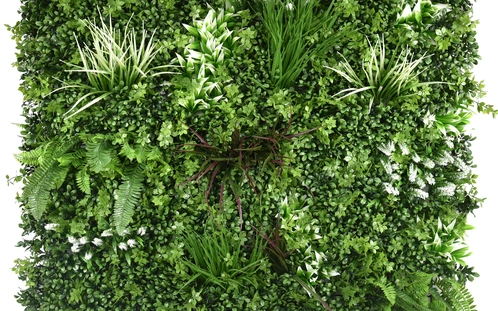 Panel de jardín vertical con follaje verde de distintas texturas
