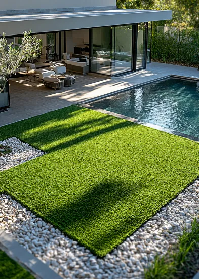 Piscina y jardín con césped artificial