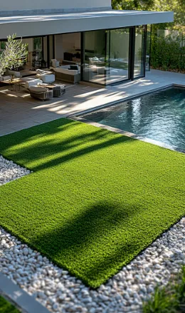 Piscina y jardín con césped artificial